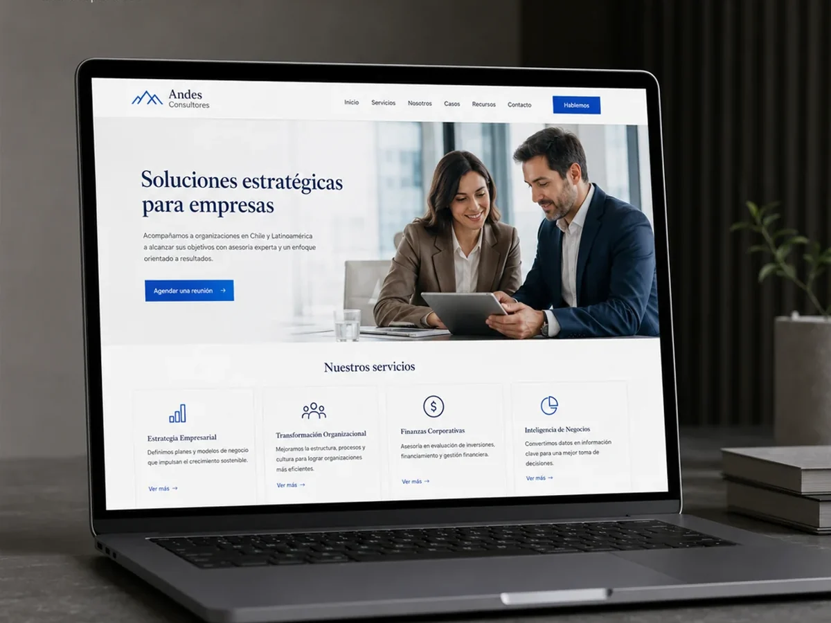 Mockup realista de sitio corporativo para consultora B2B