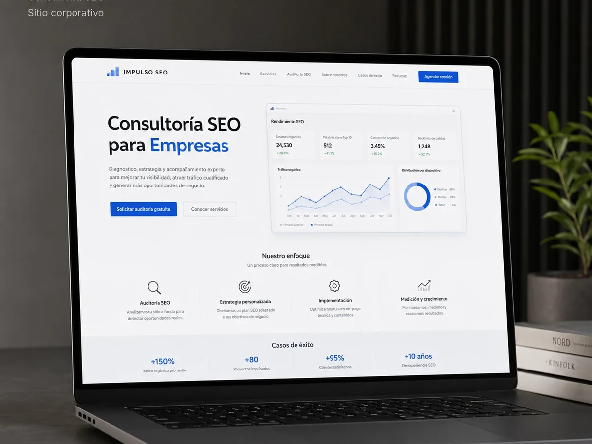 Mockup realista de auditoría SEO técnica para sitio corporativo